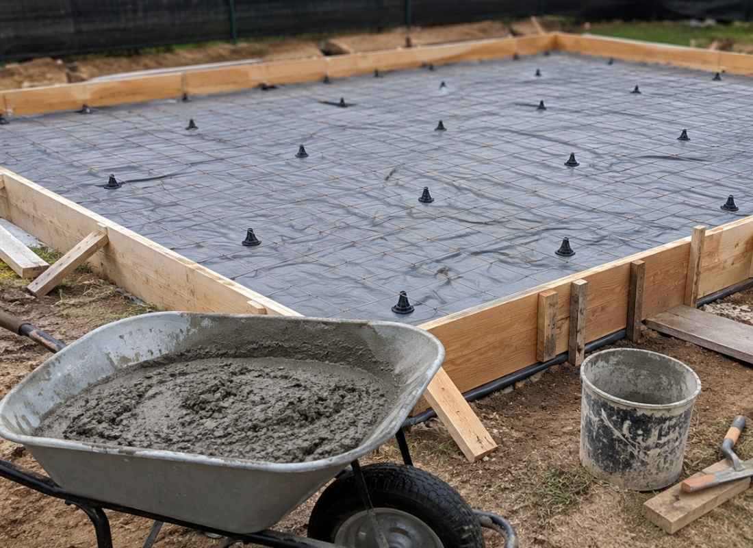 prikaz kolica sa betonom, u pozadini spremna konstrukcija za temeljnu ploču