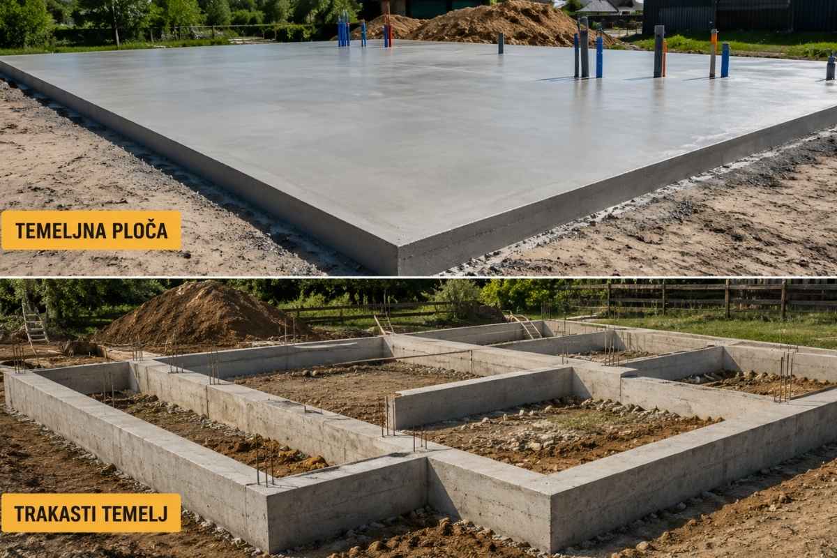 prikaz trakastog temelja i temeljne ploče na istoj slici