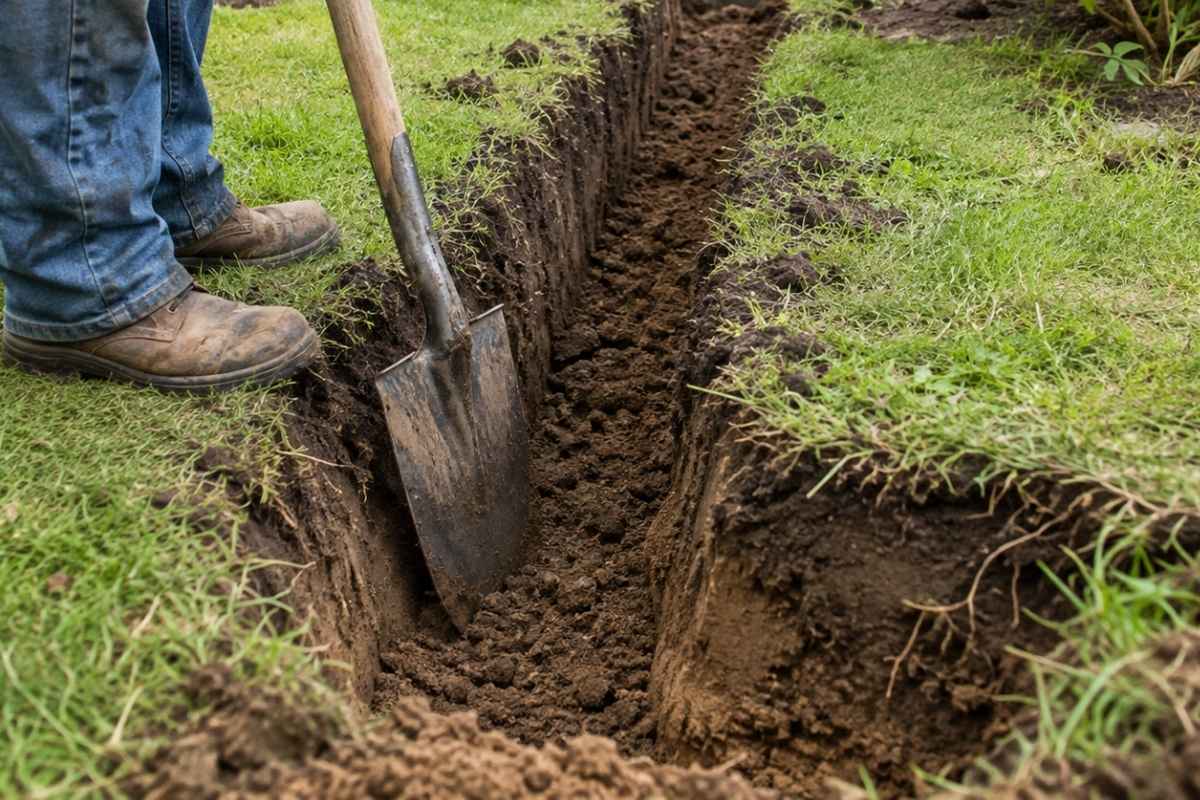 osoba kopa kanal za odvod vode u dvorištu