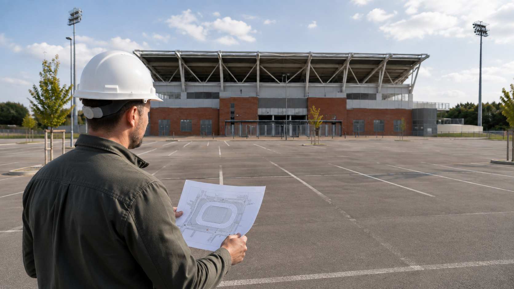 Inženjer sa skicom stadiona posmatra ulaze i prilazne staze sa parkinga ispred objekta.
