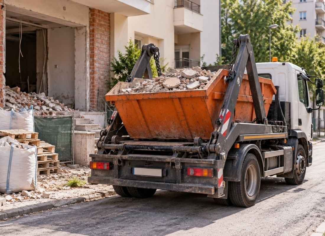 Kamion sa kontejnerom punim građevinskog šuta odvozi otpad sa renoviranja objekta.