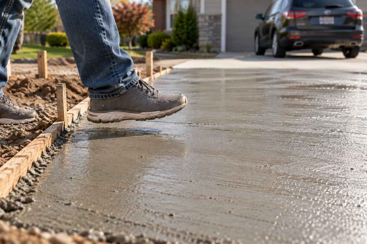 Osoba pažljivo zakoračuje prema sveže betoniranom prilazu pre nego što se beton potpuno stvrdne.