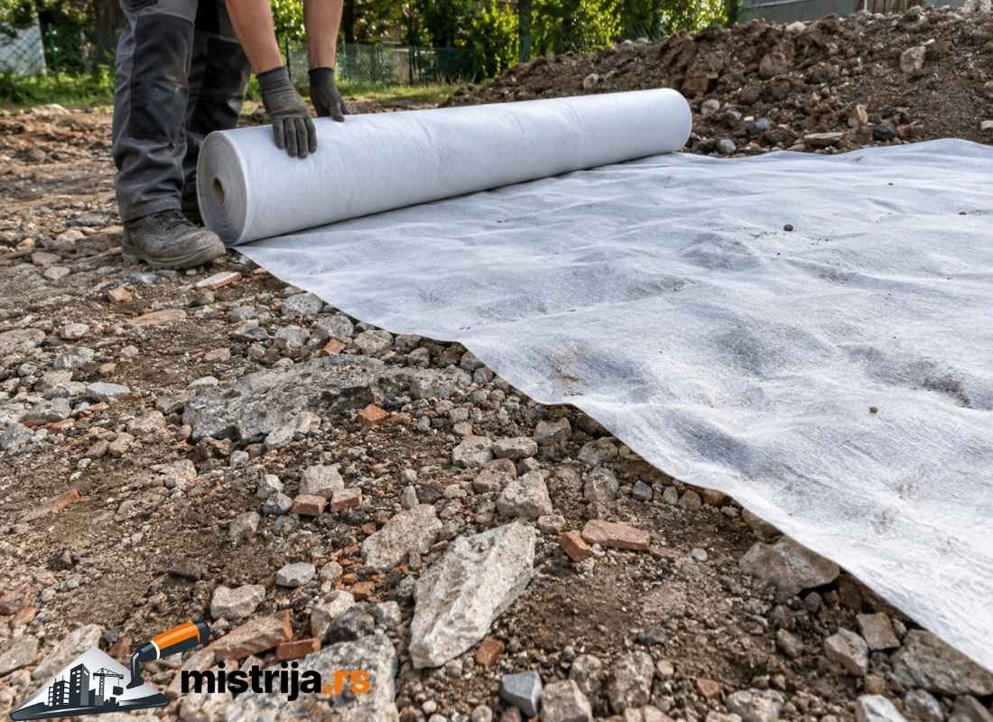 Radnik razvija beli geotekstil preko loše pripremljene podloge pune kamenja, šuta i neravnina, što prikazuje rizik od oštećenja materijala tokom postavljanja.