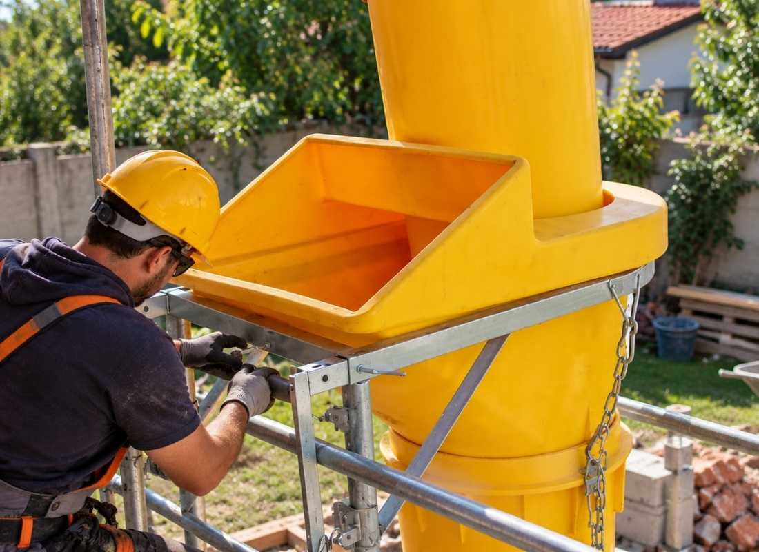 Građevinski radnik u dvorištu montira žuti PVC levak za građevinski šut, pričvršćujući ga za metalnu konstrukciju pomoću nosača i lanaca.