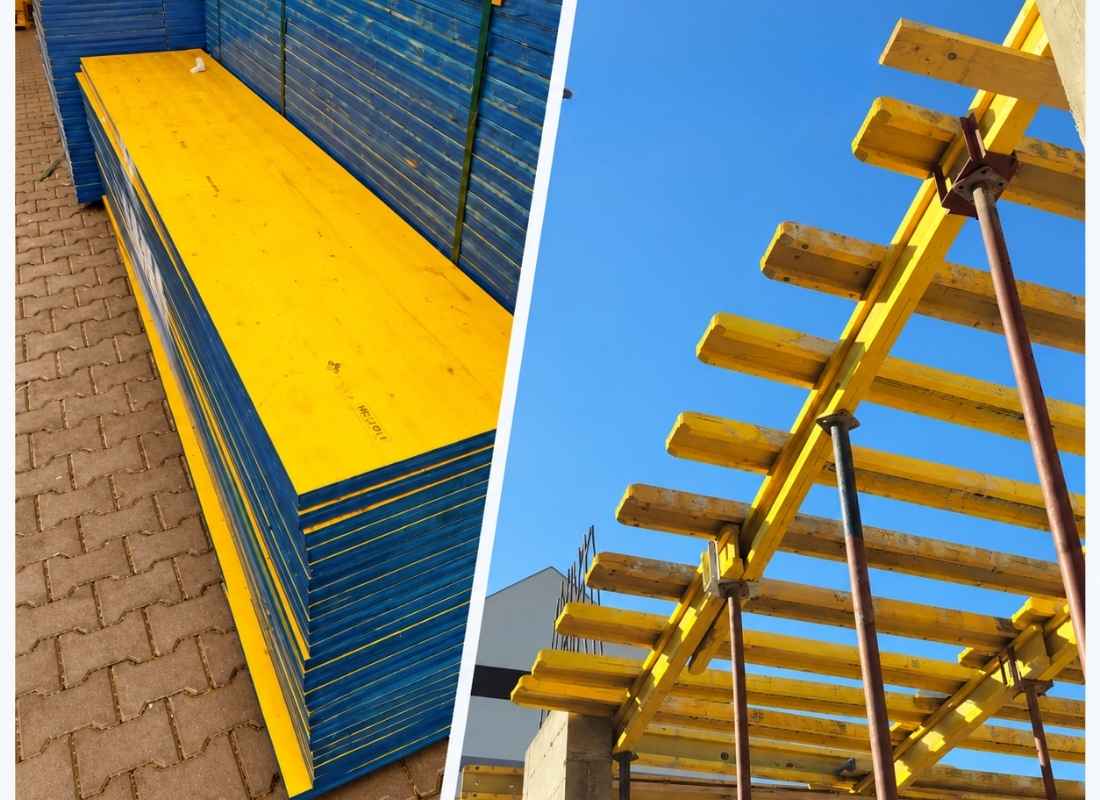 Poređenje H greda i drvene oplate na gradilištu, sa prikazom njihove primene pri izradi i podupiranju betonskih konstrukcija.