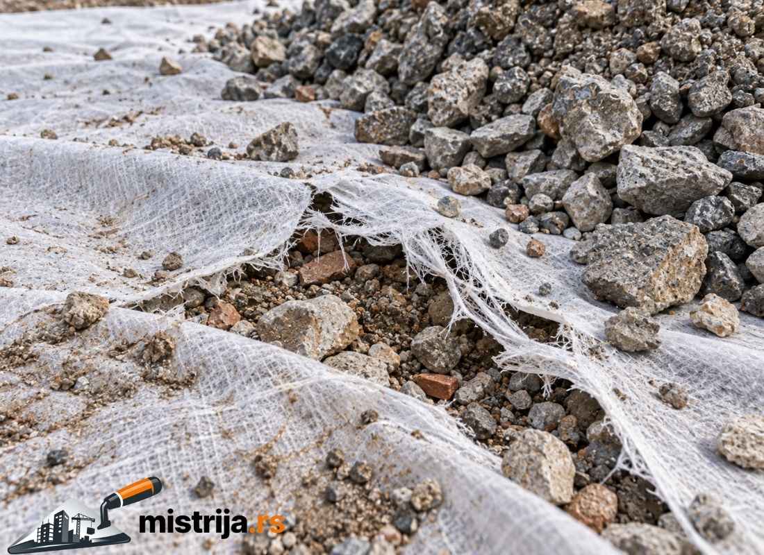 Zumirani prikaz pocepanog geotekstila ispod sloja krupnog kamenog agregata, sa vidljivim oštećenim vlaknima i prodorom zemlje kroz rascep.